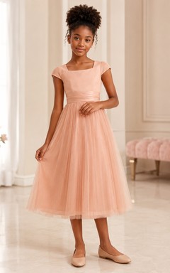 Coral Junior Bridesmaid Dress A-Line Tea-Length Square Short Sleeve Cap Detail Romantic