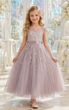 Flower Girl Dress A-Line Vintage Mauve Lace Tulle Cap Sleeve Wedding