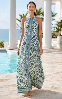 Vestido largo de playa sin mangas con escote halter y corte en A de color verde azulado