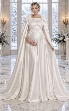 Vestido de novia sencillo de satén estilo barco con cuello de piel y falda tipo capa imperio para embarazadas