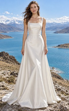 Vestido de novia sencillo de satén con escote cuadrado y sin mangas, corte en A