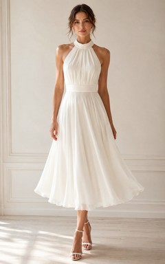 White Tea-length Halter Chiffon A-line Wedding Dress with Lace