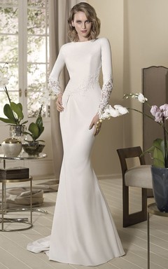 Sheath Long-Sleeve High-Neck Appliqued Floor-Length Jersey Wedding Dress