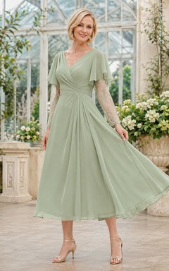 Pale Sage Tea-Length A-Line Romantic Mother of the Bride Dress with V-Neck Layered Lace Sleeves