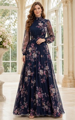 Navy Floral High Neck Long Sleeve A-Line Formal Maxi Dress