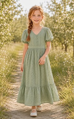 Flower Girl Dress A-Line Sage Lightweight Breathable Chiffon Tiered Puff Sleeve