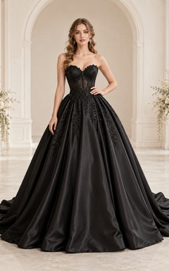 Black Strapless Sweetheart Corset Lace Satin Ball Gown Wedding Dress