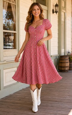 Rotes Gingham-Kleid mit herzförmigem Puffärmeln im Vintage-Stil für Teegäste