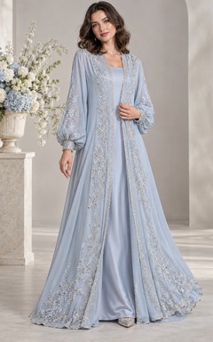 Modest Long Sleeve Blue Floral Lace Trim Flowing Engagement Abaya Dress