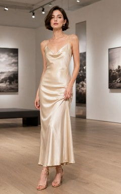 Champagnerfarbenes, trägerloses Midikleid aus Satin mit Wasserfallausschnitt