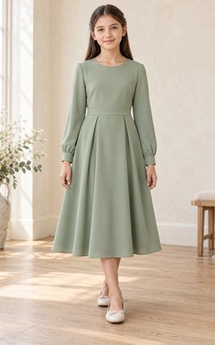 Simple Modest Long Sleeve Tea-length Sage Jewel Darted Button-Cuff Pleated Crepe A-Line Flowergirl Dress