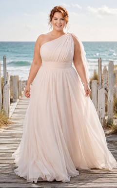 One-Shoulder Chiffon Plus Size Beach Wedding Dress