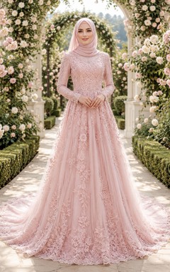 Blushing Pink Muslim Long Sleeve Lace A-Line Wedding Dress