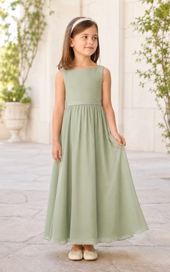 Blumenmädchenkleid aus salbeifarbenem Chiffon, A-Linie, Rundhalsausschnitt, Teelänge
