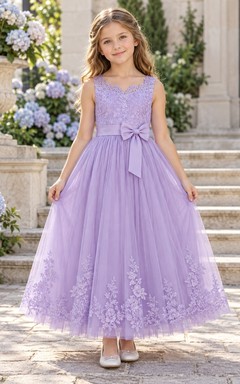 Lavender Sleeveless Sweetheart Scalloped Lace Ankle-length A-Line Tulle Floral Hem Satin Bow Flowergirl Dress