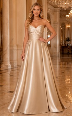 Vestido de fiesta largo hasta el suelo, color champán, de satén, sin tirantes, con escote corazón y corte en A.