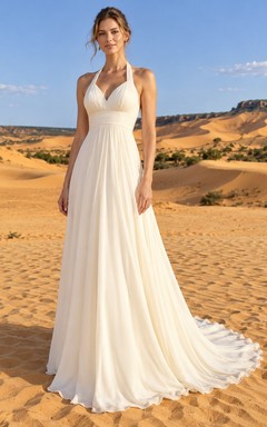 Empire Halter V Neck Crepe Wedding Dress with Pleated Bodice and Court Train