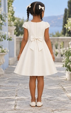 Simple Modest Cream Knee Length Cap Sleeve Side Pleated Satin Bow Flower Girl Dress