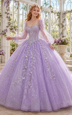 Lilac Silver Luxury Long Puff Sleeve V Neck Glitter Quinceanera Princess Ball Gown