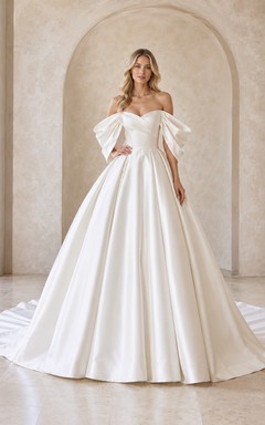 Robe de mariée en satin, robe de bal, épaules dénudées, manches courtes, traîne chapelle