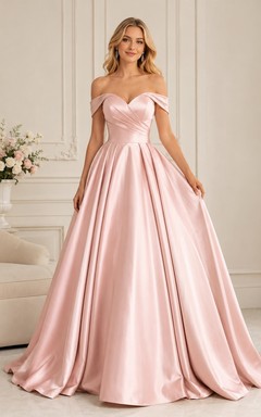 Blushing Pink Satin Off Shoulder Short Sleeve Ball Gown Sweep Train Prom Dress