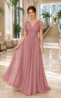 Robe de soirée en mousseline rose poudré, coupe trapèze, col V, manches courtes, longueur au sol