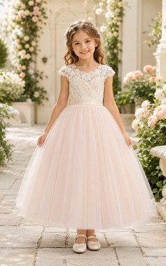 Blumenmädchenkleid aus rosafarbener Spitze und Tüll, A-Linie, kurze Ärmel, Rundhalsausschnitt, Teelänge