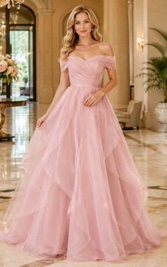 Blush Off Shoulder Layered Organza Ball Gown Formal Dress