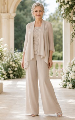 Champagnerfarbener, eleganter Hosenanzug für die Mutter der Braut, florale Spitze, Rundhalsausschnitt, Dreiviertel-Wasserfall-Chiffonjacke, Palazzo-Hose