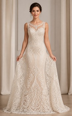 Vestido de novia modesto de corte A, cuello alto, sin mangas, con encaje y cola.