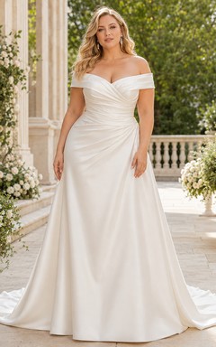 Vestido de novia minimalista de satén, corte en A, hombros descubiertos, cola larga.