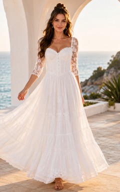 Romantic Lace Sleeve Beach Wedding A Line Floor Length Sweetheart Corset Dress