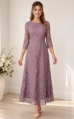 Modest Vintage Mauve Three-Quarter Sleeve Lace A-Line Floor-Length Formal Dress
