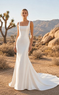 Robe de mariée sirène en satin à col carré et bretelles larges, traîne chapelle, style désertique