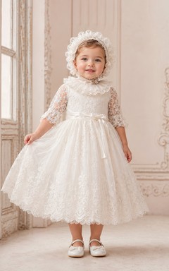 Baby Baptism Christening Ceremony Dress A-Line Tea-Length Jewel Neck Half Sleeve Tulle Lace Bow Back Button Back