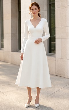 Vestido de novia asequible de corte A con escote en V y mangas largas estilo juzgado