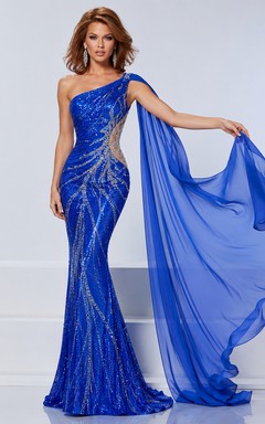 Royal Blue One Shoulder Beaded Cape Mermaid Evening Dress