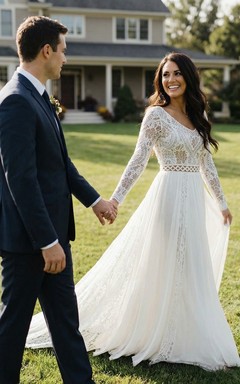 Vestido de novia clásico de encaje con mangas largas y falda de gasa en línea A.