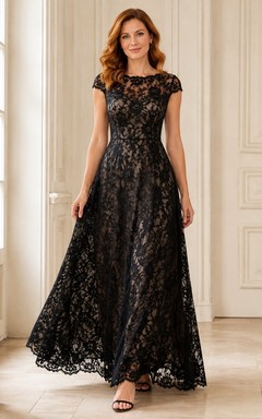 Vintage Black Cap Sleeve Bateau Lace A-Line Ankle-Length Formal Evening Dress