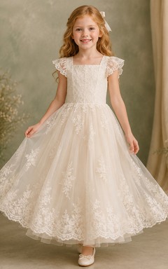 Flower Girl Dress Ivory Lace Tulle A-Line Jewel Neck Tea Length