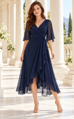 Robe de mariée bleu marine foncé asymétrique à col cache-cœur et manches papillon en mousseline, coupe asymétrique.