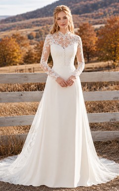 Modest Fall High Neck Long Illusion Lace Sleeve Satin A-Line Chapel Train Wedding Gown