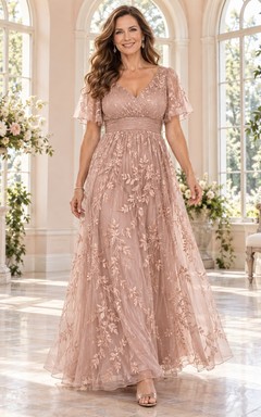 Vestido de tul bordado floral de corte imperio, largo hasta el suelo, con escote en V, mangas acampanadas y estilo oro rosa para la madre de la novia.