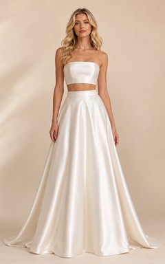 Strapless Satin Bandeau Crop Top A-Line Studio Bridal Set