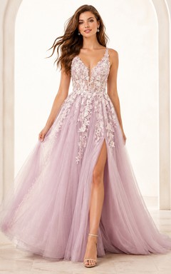 Blush V Neck Applique Tulle High Slit Prom Dress