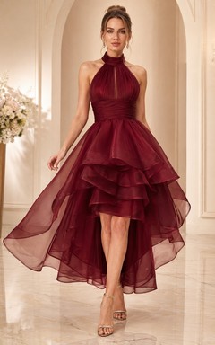 Elegant Burgundy Halter Sleeveless Organza A-Line High-low Cocktail Dress