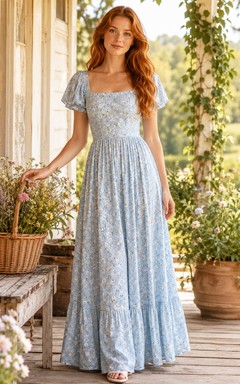 Vestido largo azul con cuello cuadrado y mangas abullonadas, estampado floral estilo cottagecore.