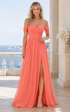 Korallenfarbenes, schulterfreies, kurzärmeliges Chiffon-Strandkleid in A-Linie mit Schlitz, bodenlang