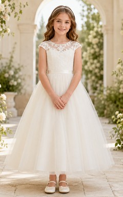 Elegant Cap Sleeve Lace A-Line Tea-Length Flower Girl Garden Wedding Tulle Dress