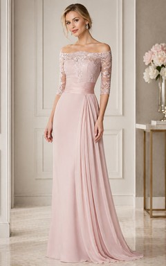Sheath Half-Sleeve Off-The-Shoulder Appliqued Maxi Chiffon Prom Dress